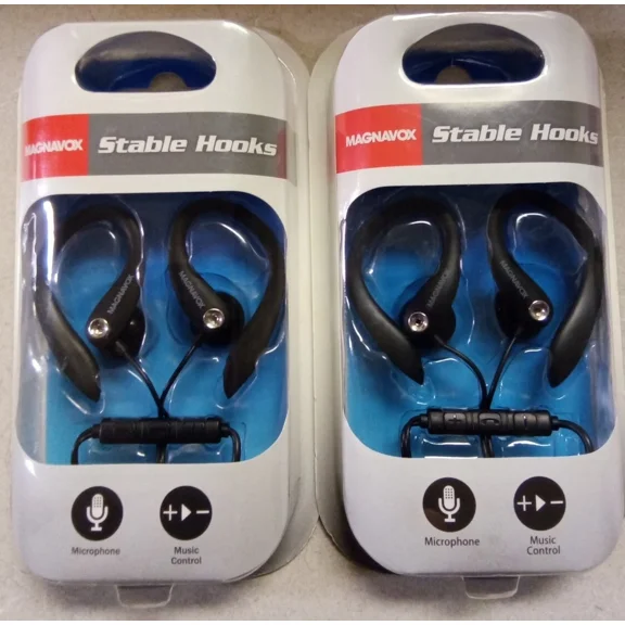ELARA- 2 Magnavox Sure Fit Stable Hooks Handsfree Built In Mic & Remote. Black.