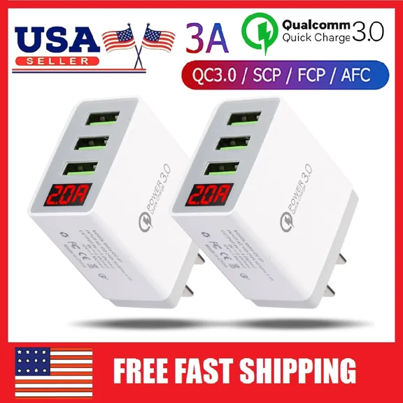 ELARA- 2 Pack Fast Quick Charge Qc 3.0 Wall Charger Adapter Us Plug 3 Usb Port Us Plug