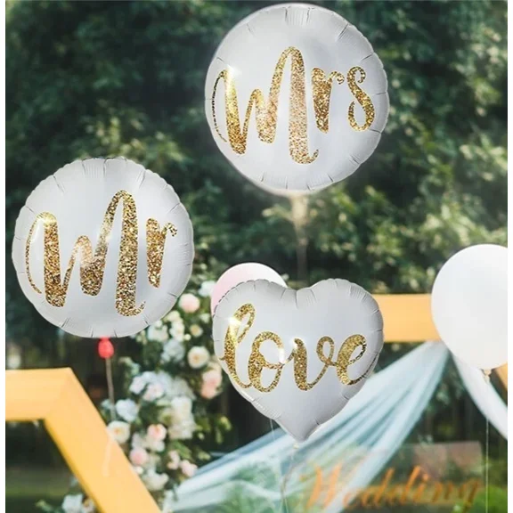 ELARA- 3 Balloons 18" Gold Glitter Balloon Mr. Mrs. Love White With Gold Letters