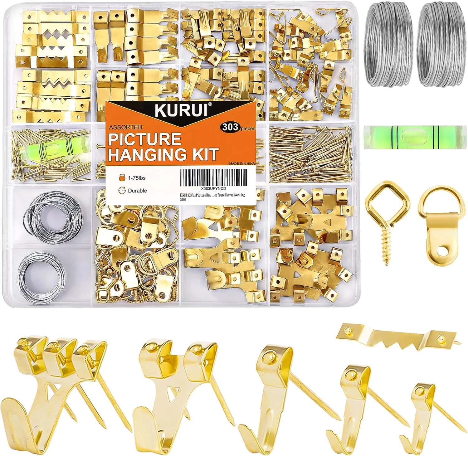 KURUI 303-Piece Picture Hanging Kit – Heavy Duty Hooks, Nails, Sawtooth, D Rings & Wire For Frames, Canvas & Wall Art