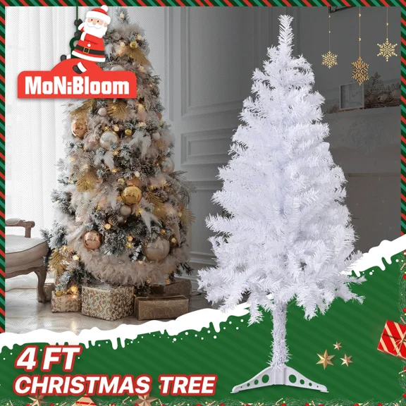 ELARA- 4 Ft Artificial Christmas Tree White Pvc Leaves Metal Stand Holiday Home Dcor