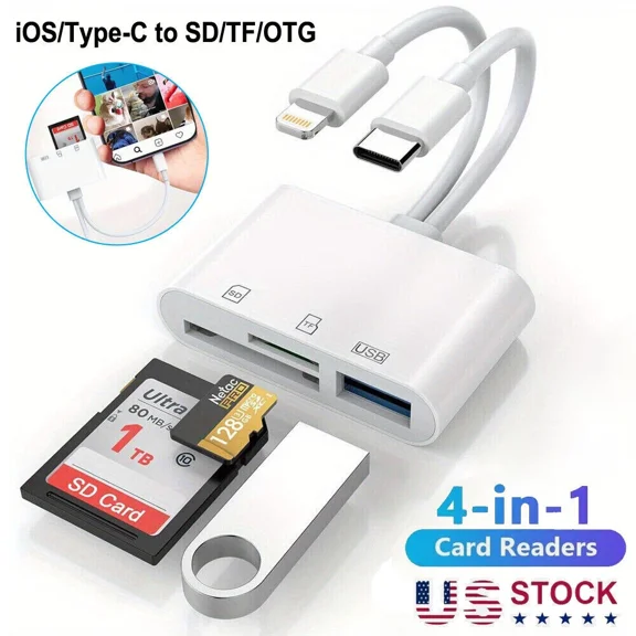 ELARA- ?4 In 1 Ios/Type C Usb Otg Adapter Sd/Tf Card Reader For Iphone/Android Phone/Pc