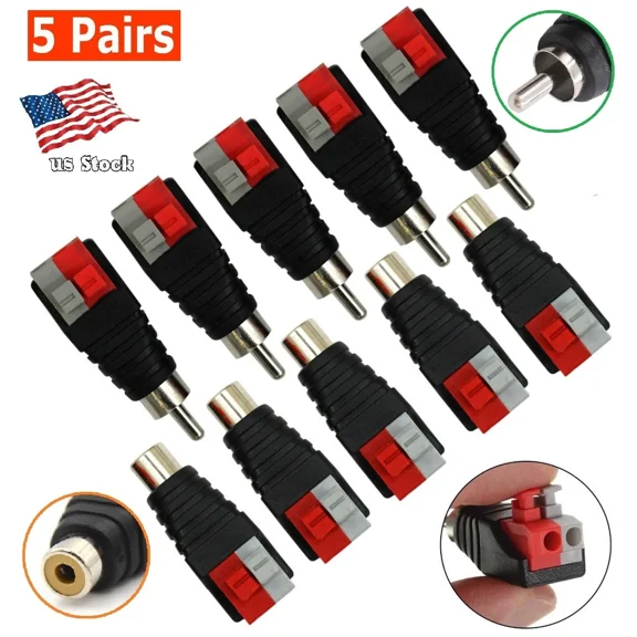 ELARA- 5Pairs Speaker Wire Cable To Audio Rca-M/ F Connector Adapter Jack Press Plug