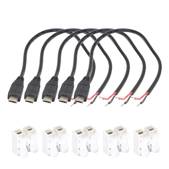 ELARA- 5Pcs 1Ft Micro Usb Male Plug Cable 2 Wires Power Pigtail Cable Dc Cord Diy 22Awg