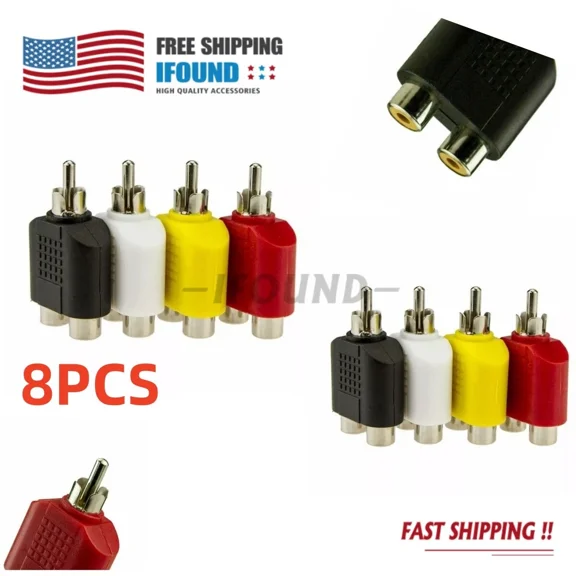 ELARA- 8X 1-Male To 2-Female Cable Adapter Rca Y Splitter Av Audio Video Plug Converter