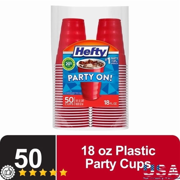 ELARA- Disposable Plastic Cups 18Oz Party On Red 50 Count Leak Resistant Easy Grip New