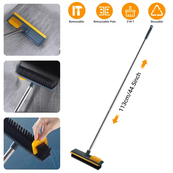 ELARA- Floor Scrub Brush 2 In 1 Cleaning Scraper & Push Broom Stiff Bristle Long Handle