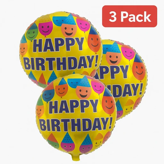 ELARA- Happy Birthday Party Balloons 3 Pack Gold Multicolor Smiley Face Balloons