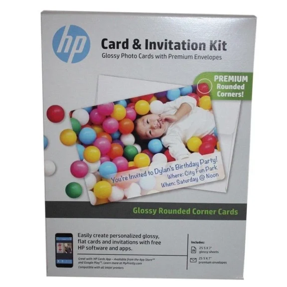 ELARA- Hp Card & Invitation Kit Glossy Rounded Corner Cards Envelopes 50 Count