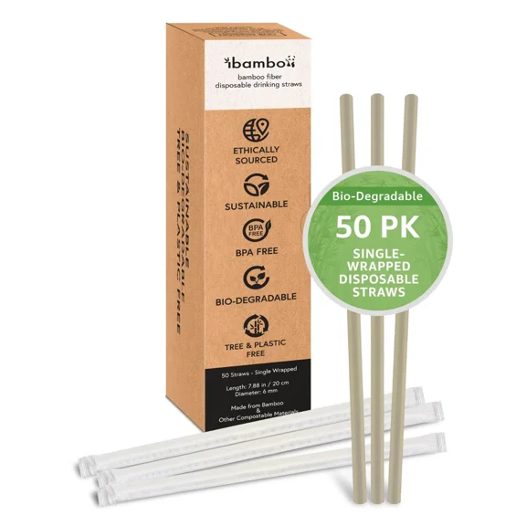 ELARA- Ibambo Bamboo Disposable Straws - 50 Pack, Single Wrapped Compostable Straws