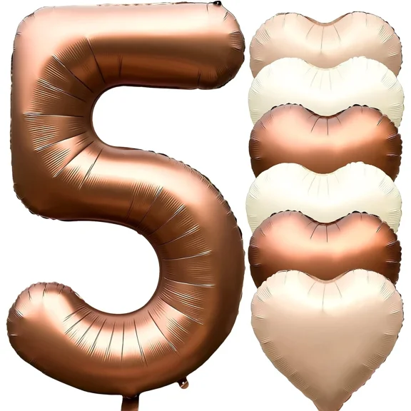 ELARA- Jonhamwelbor 40 In Brown Number 5 Balloons Foil Mylar Balloon With Heart Balloon