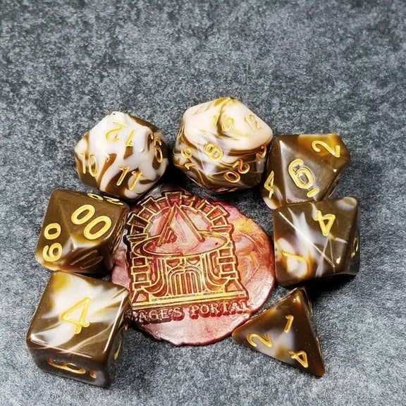 ELARA- Sage'S Stones - Coffee/White Gold Ink Acrylic Polyhedral Dice Set Games Dnd