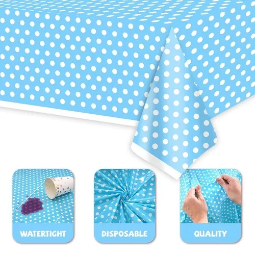 ELARA- Three-Piece Set Of Blue Polka Dot Plastic Tablecloth