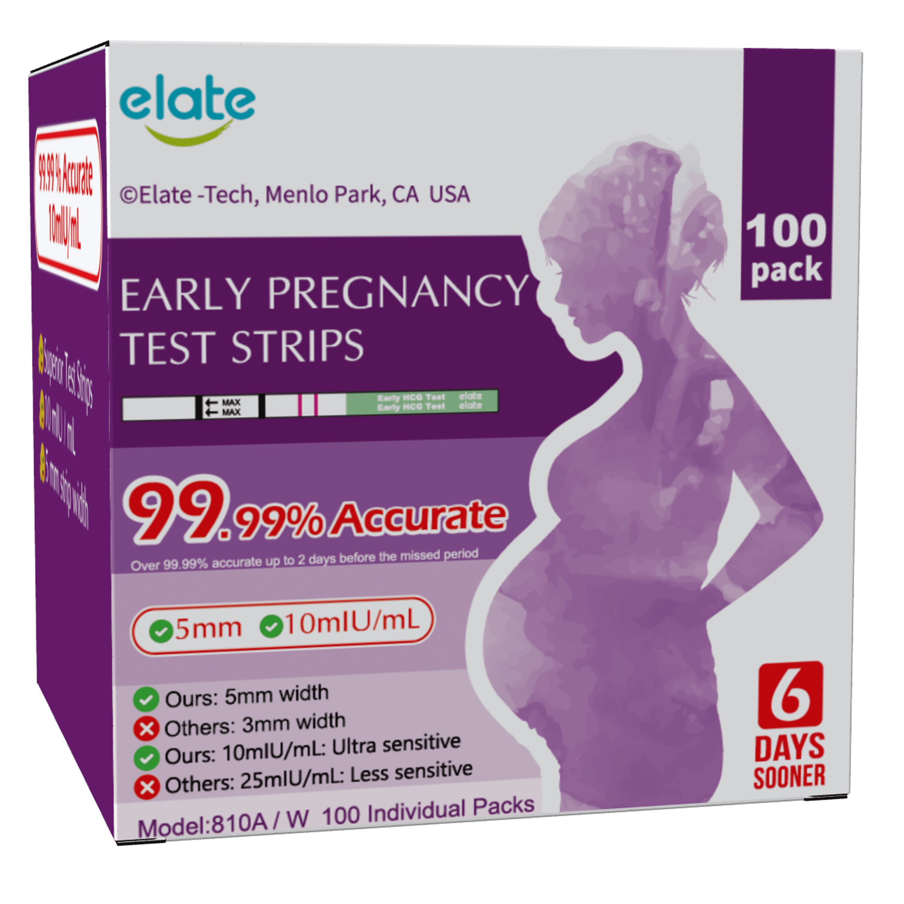 Elate Pregnancy Test Early Detection Strips HCG Early Result 6-Days Sooner, 100 Count Bulk EPT, Pruebas De Embarazo, Ultra-Sensitive 10mIU/mL, 99.99% Accurate, Easy Home Use
