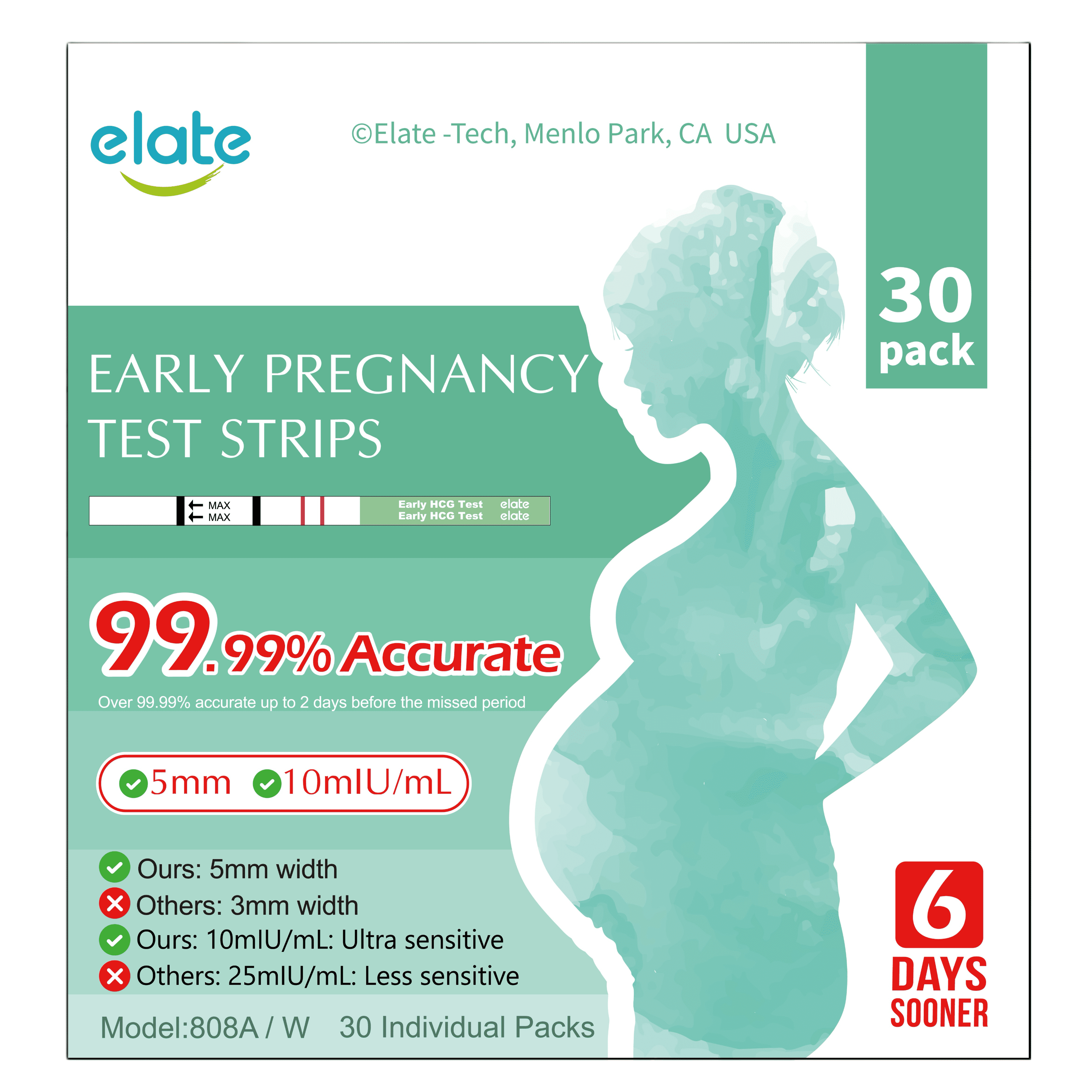 Elate Pregnancy Test Early Detection Strips HCG Early Result 6-Days Sooner, 30 Count Bulk EPT, Pruebas De Embarazo, Ultra-Sensitive 10mIU/mL, 99.99% Accurate, Easy Home Use