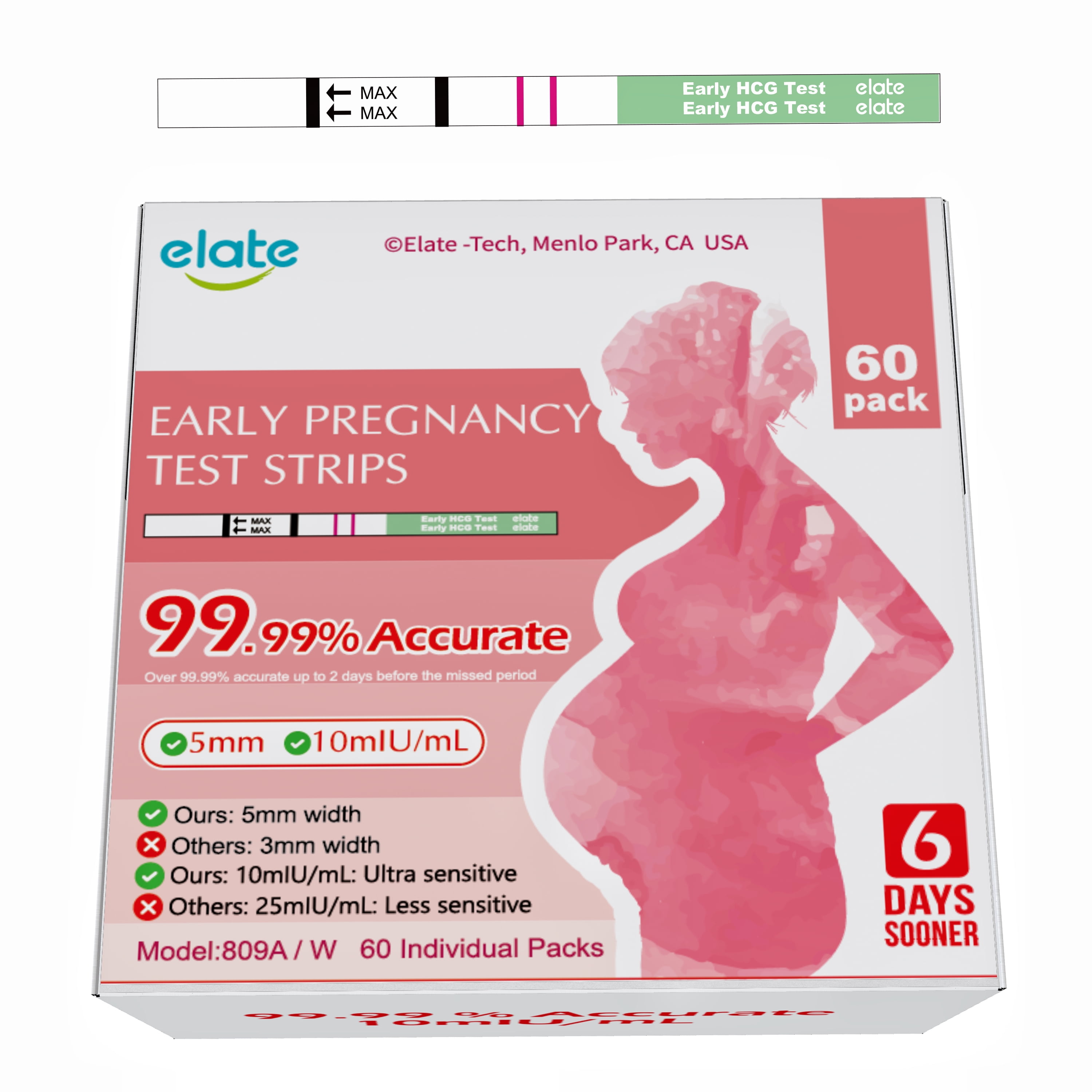 Elate Pregnancy Test Early Detection Strips HCG Early Result 6-Days Sooner, 60 Count Bulk EPT, Pruebas De Embarazo, Ultra-Sensitive 10mIU/mL, 99.99% Accurate, Easy Home Use