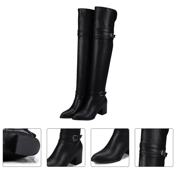 ELAYARD 1 Pair Thigh High Boots Women Black PU Warmth for Autumn Winter