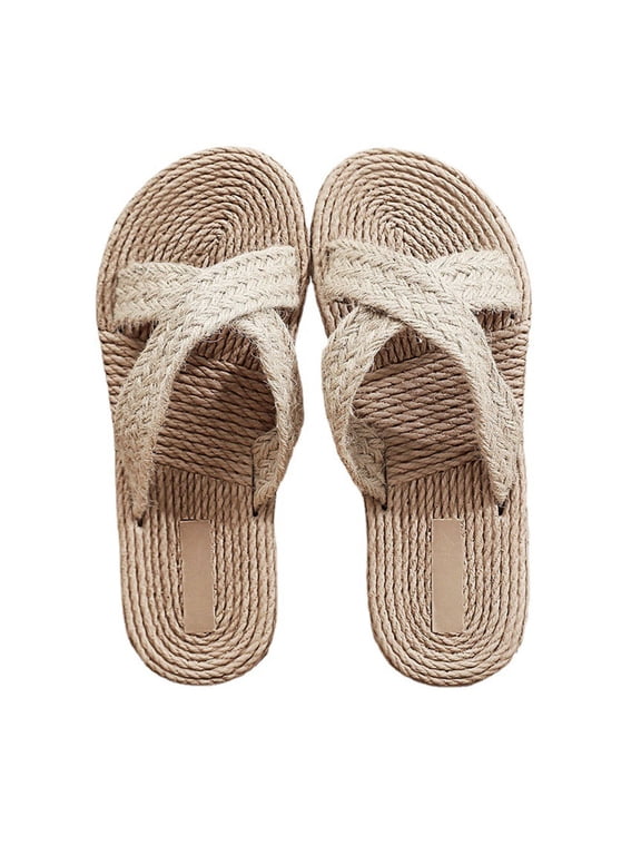 1 Pair Woven Slippers Beige EVA Flat Design Comfortable for Women Date