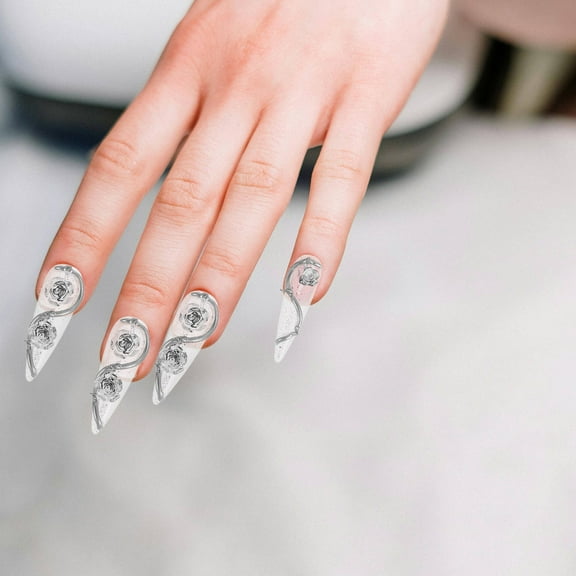 ELAYARD Silver Plastic Rose False Nails High Transparency Thorny Design for Practice 10Pcs