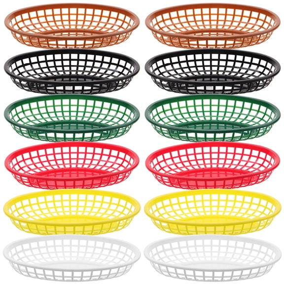 ELAYARD 12Pcs Reusable Plastic French Fries Basket Set Oval Food Baskets for Kitchen Use Assorted Colors