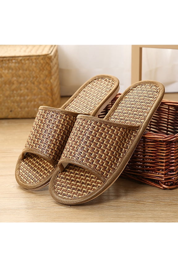 1 Pair Brown Rattan Woven Slippers Non- Platform Shoes Comfortable Home Footwear