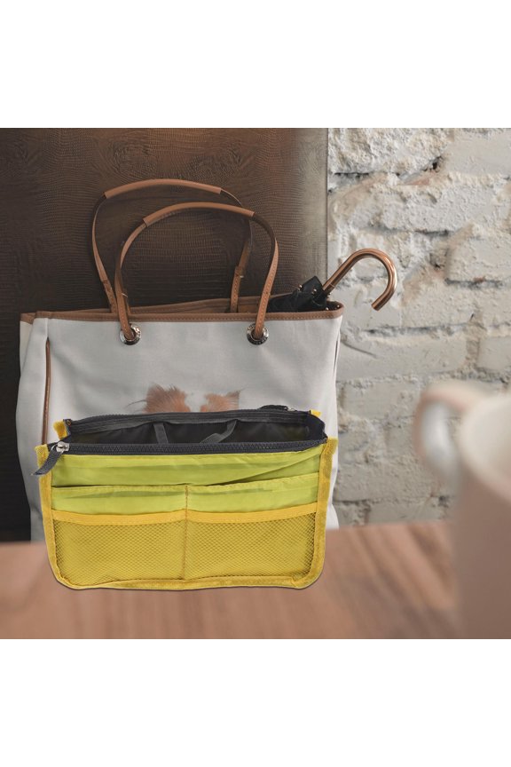 Yellow Nylon Handbag Liner with Multi-Layer Design for Travel, Makeup, and Cosmetic Storage Organizer