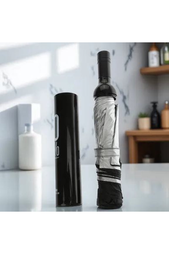 Folding Travel Umbrella Wine Bottle Shaped Compact Black Plastic 1Pcs for Adults