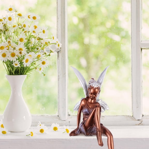 ELAYARD 1Pc Brown Resin Garden Ornament Flower Fairy Sculpture Decorative Home Accent