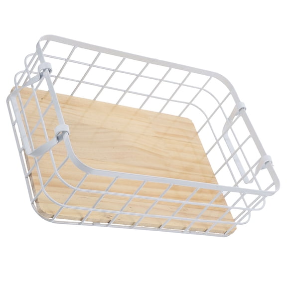 ELAYARD White Wire Mesh Kitchen Storage Basket with Handle and Wood Base for Desktop Organization