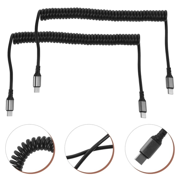 ELAYARD 2Pcs USB Type-C Charging Cable Flexible Black Car Spring Cord with Extended Length for Phone Accessory Use