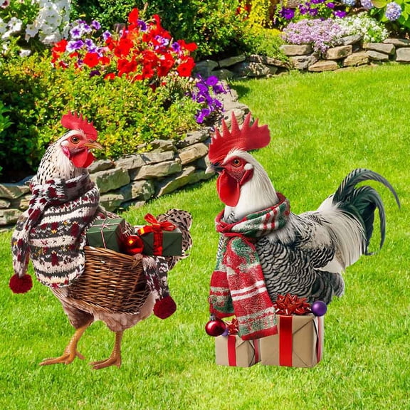 ELAYARD 2-Pack Decorative Garden Stakes Iron Rooster Figurines Outdoor Yard Lawn Decor