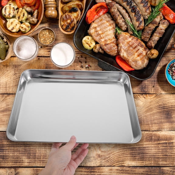 ELAYARD 2Pcs Large Baking Sheet Silver Rectangular Cooking Kitchenware for Professional Chefs