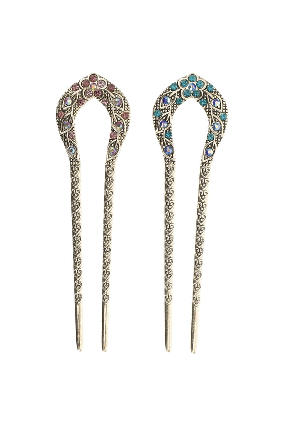 2pcs Vintage Hair Stick Crystal Rhinestone Double Prong Hair Pin Stick Hairpin