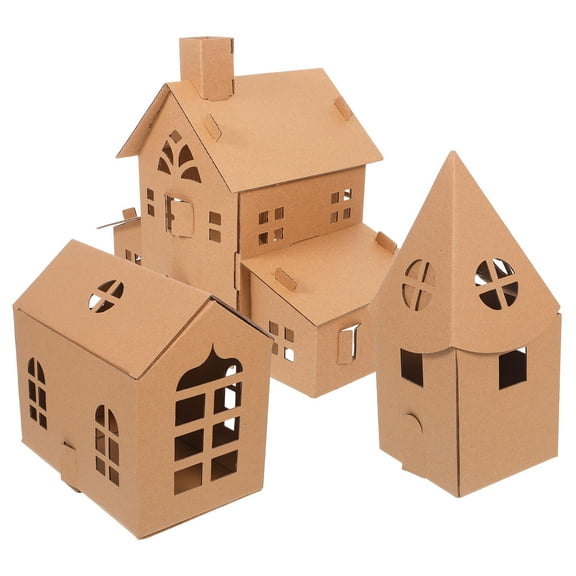 ELAYARD 3Pcs Paper Model House Kit Khaki for Creative Crafting and Family Bonding Activities