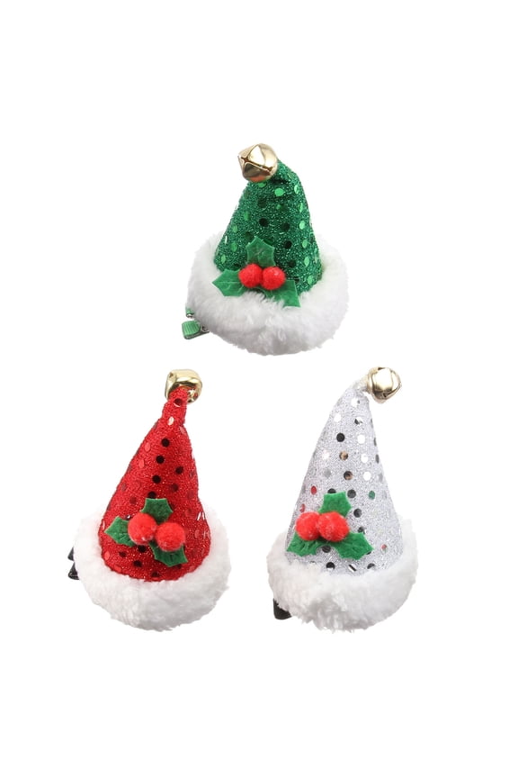 3pcs Santa Hat Hair Clips Sequin Mini Hats with Bells Christmas Plush Barrettes for Girls and Women