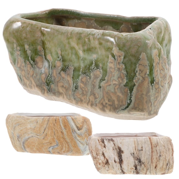 ELAYARD 3pcs Ceramic Flower Pot Rectangular Stone Shape for Succulent Cactus