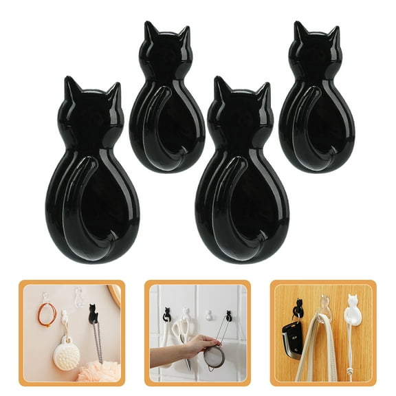 ELAYARD 4Pcs Black Plastic Cat Hooks Self Adhesive Wall Hangers for Bathroom Kitchen and Closet
