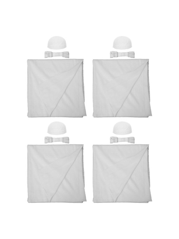 4Sets White Multipiece Muslim Prayer Set with Ihram Towel Kufi Hat and Waist Bag