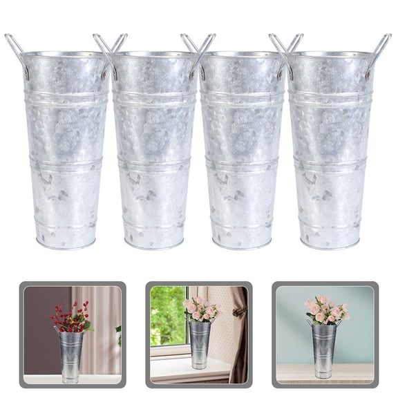 ELAYARD 4Pcs Vintage Metal Flower Bucket Plated Silver Iron Plant Pot Rustic Decorative Vase for Flowers