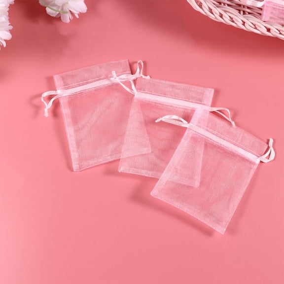 ELAYARD 100Pcs Pink Transparent Drawstring Pouch with Stretchy Neckline for Small Item Storage