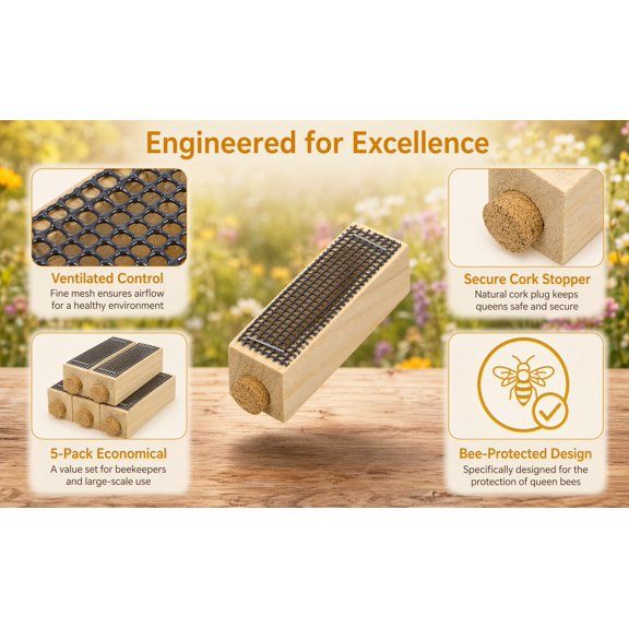ELAYARD 5pcs Wooden Bee Queen Cage Beekeeping Tool for Bee Handling Khaki