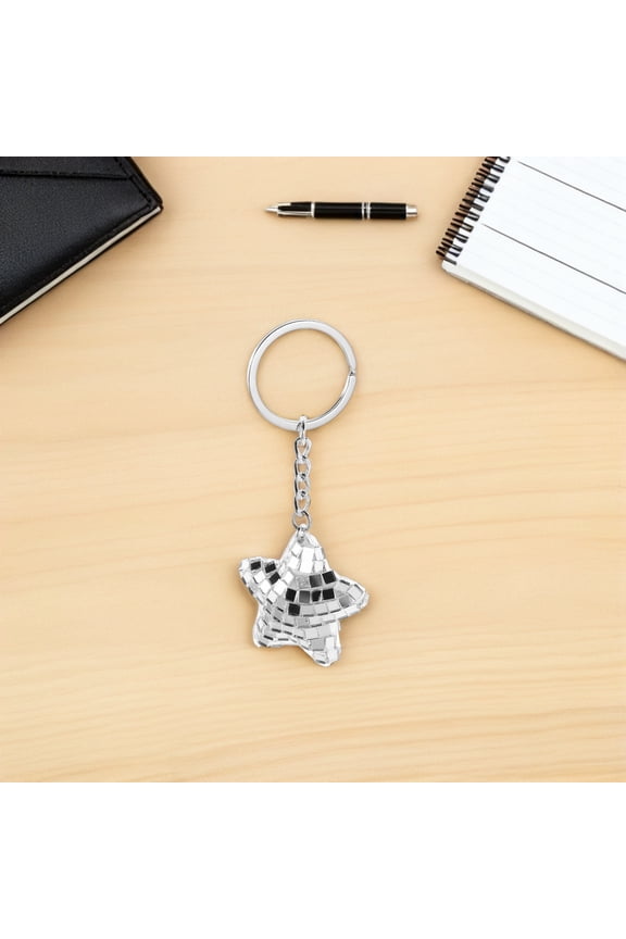 6Pcs Silver Glass Mosaic Star Keyrings Reflective Disco Ball Keychains for Key Visibility