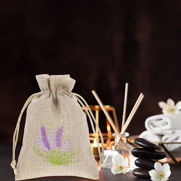 ELAYARD 6Pcs Small Burlap Drawstring Bags Khaki Linen Embroidery Sachet Bags for Home Storage and