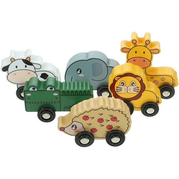 ELAYARD 6-Piece Wooden Train Car Set with Colorful Animal Designs, and Assorted Colors for Kids