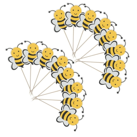 ELAYARD Bee Cake Toppers Yellow Paper and Wood Cupcake Picks for Party Decoration 72Pcs