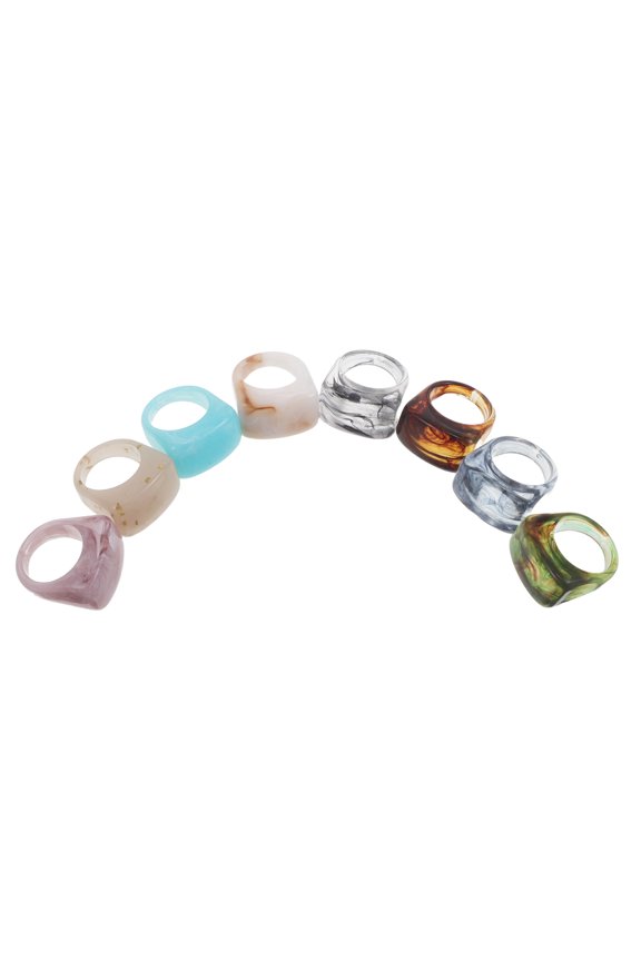 8Pcs Vibrant Multi Color Resin Finger Rings Wide Thick Dome Band Stackable Jewelry