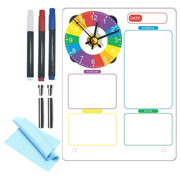 ELAYARD Acrylic Dry Erase Memo Board with Clock for Home Use Stylish and Assorted Colors Size 1 Set