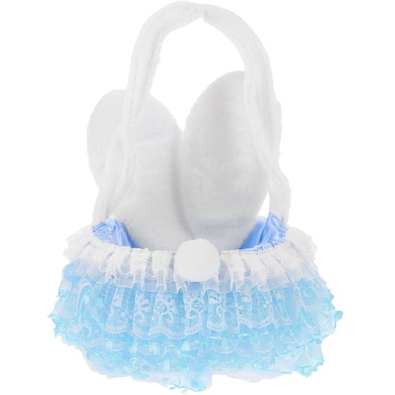 ELAYARD Adorable Blue Bunny Ear Flower Basket PU Faux Fur Satin Wire for Storage Use