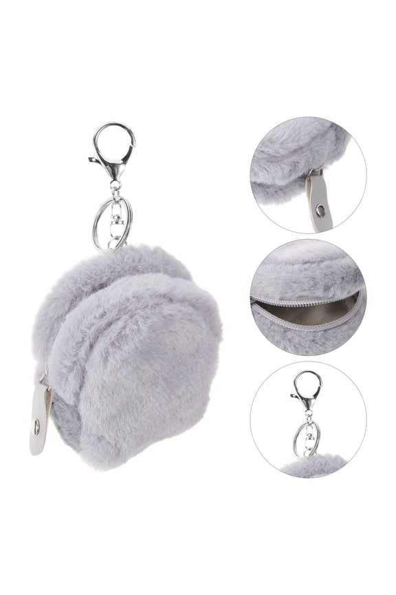 Back to School Change Purse Coin Bag Adorable Design Plush Grey Storage Keychain 1Set