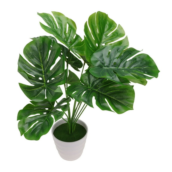 ELAYARD Artificial Monstera Plant Pot Green Faux Palm Plant in White Cement Pot for Home Decor